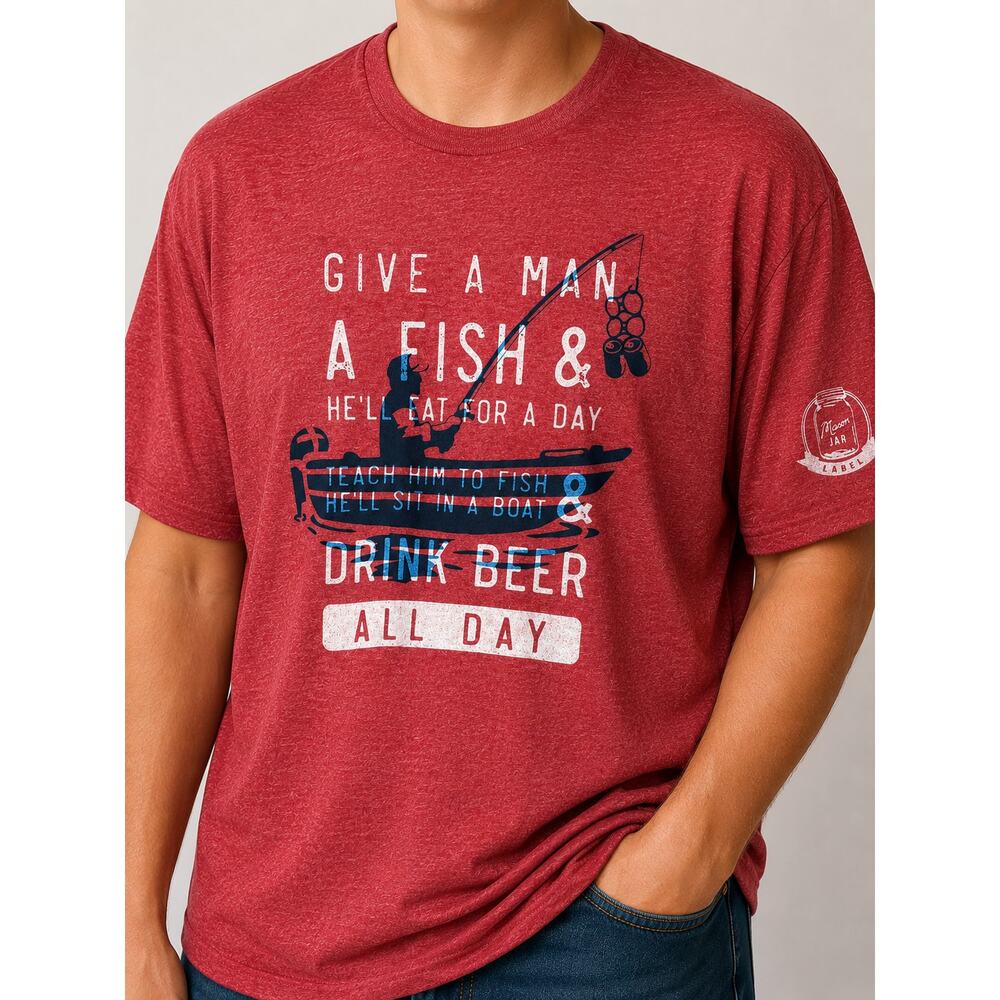 Mason Jar Label Fishing Beer Graphic Tee 2XL Heather Red Unisex Shirt